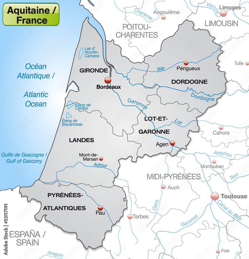 Karte der Region Aquitanien mit Departements Adobe