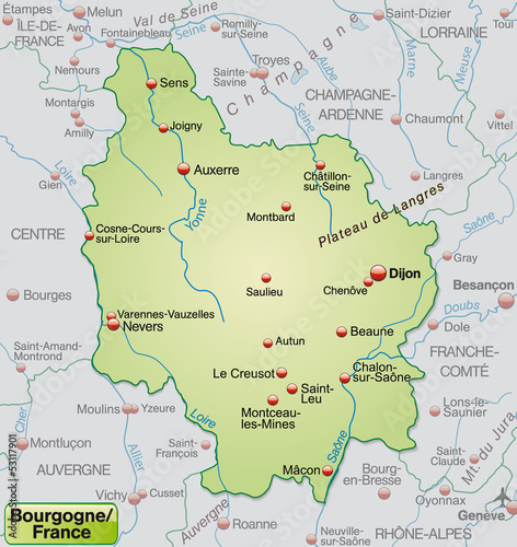 Landkarte der Region Bourgogne in Frankreich
