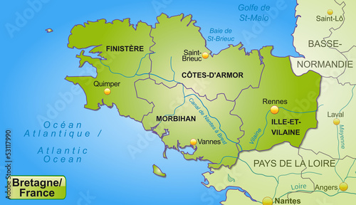 Karte der Bretagne mit Departements und Umland