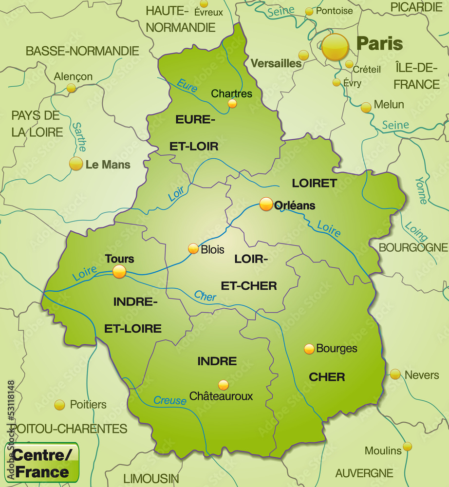 Obraz premium Karte der Region Centre mit Departements