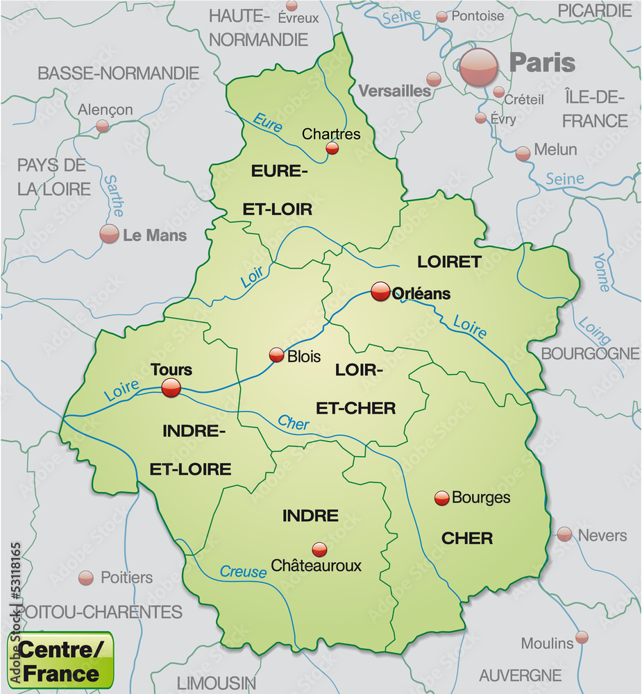 Karte der Region Centre mit Departements