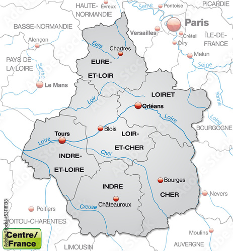 Karte der Region Centre mit Departements