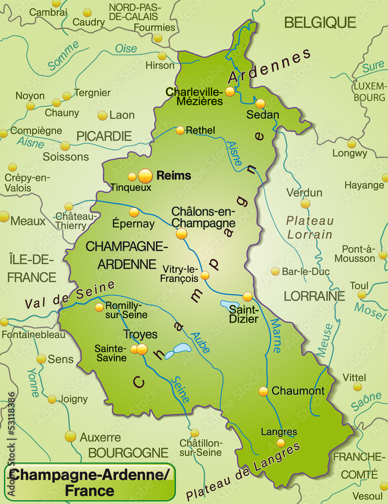 Fototapeta premium Karte von Champagne-Ardenne mit Umland