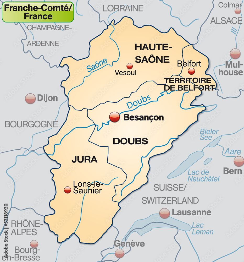 Karte von France-Comté mit Departements und Umgebung