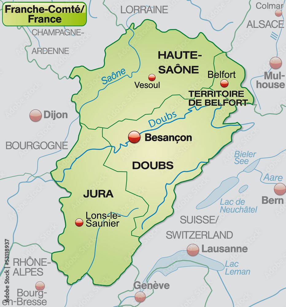 Obraz premium Karte von France-Comté mit Departements und Umgebung