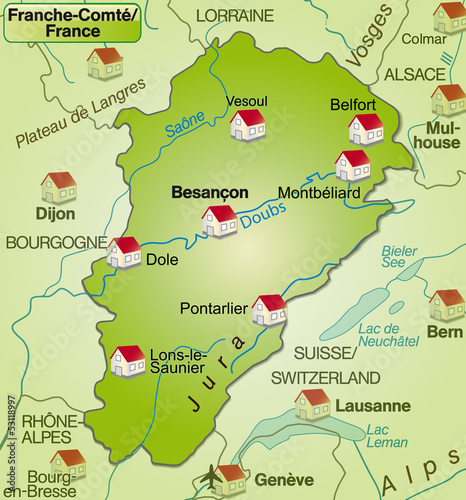 Karte der Region France-Comté mit Umgebung