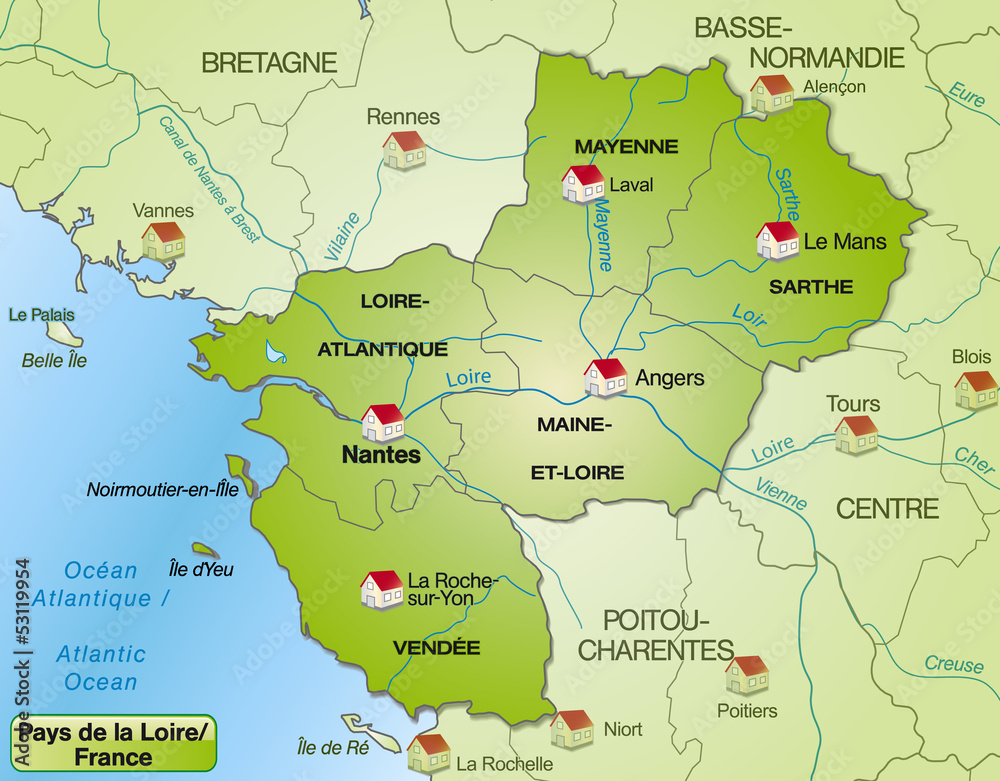 Umgebungskarte der Region Payd-de-la-Loire mit Departements