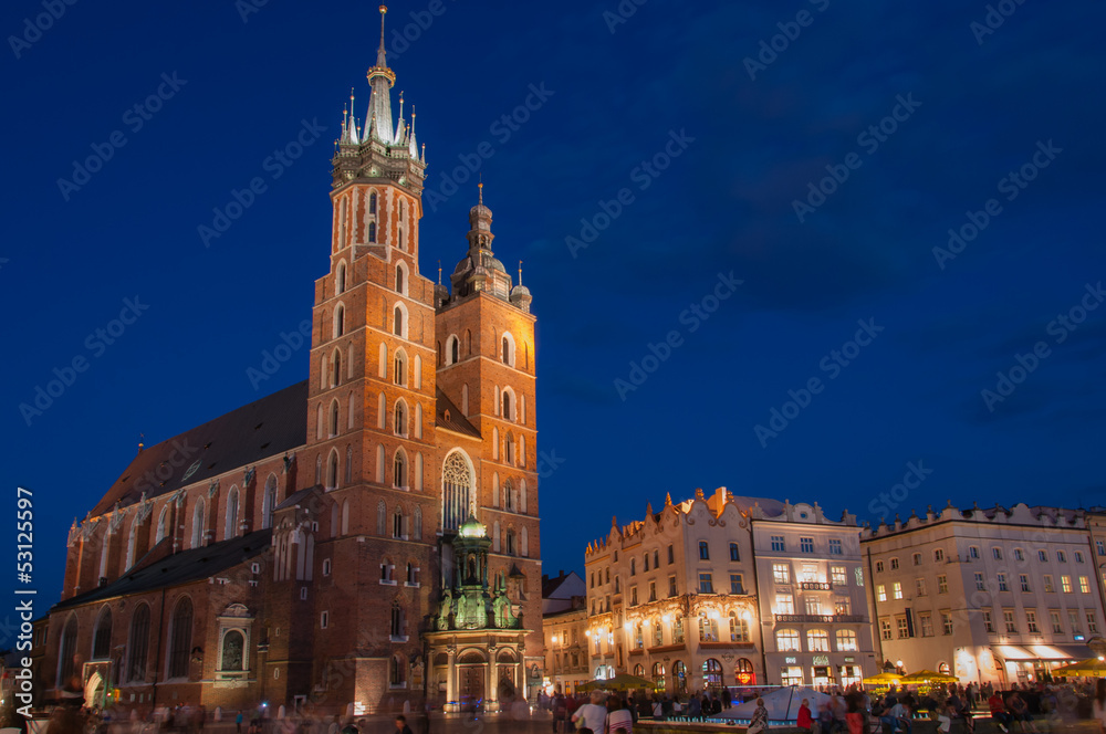 The Main Market Square in Krakow with St. Mary's Basilica