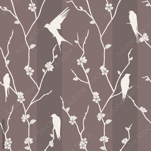 Seamless pattern with bird on sakura branches
