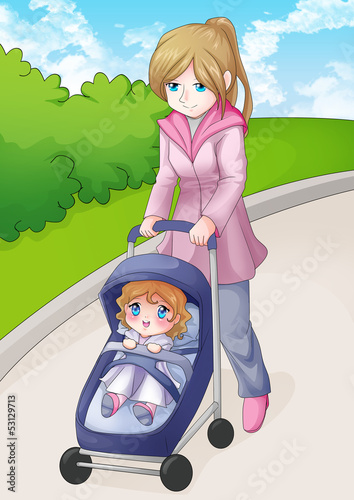 Illustration of a mother walking in the park with her baby