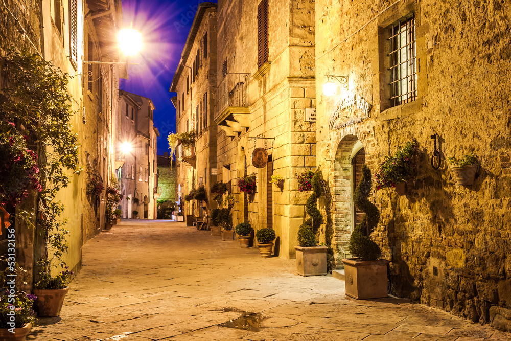 Ancient town of Pienza in Italy at night.