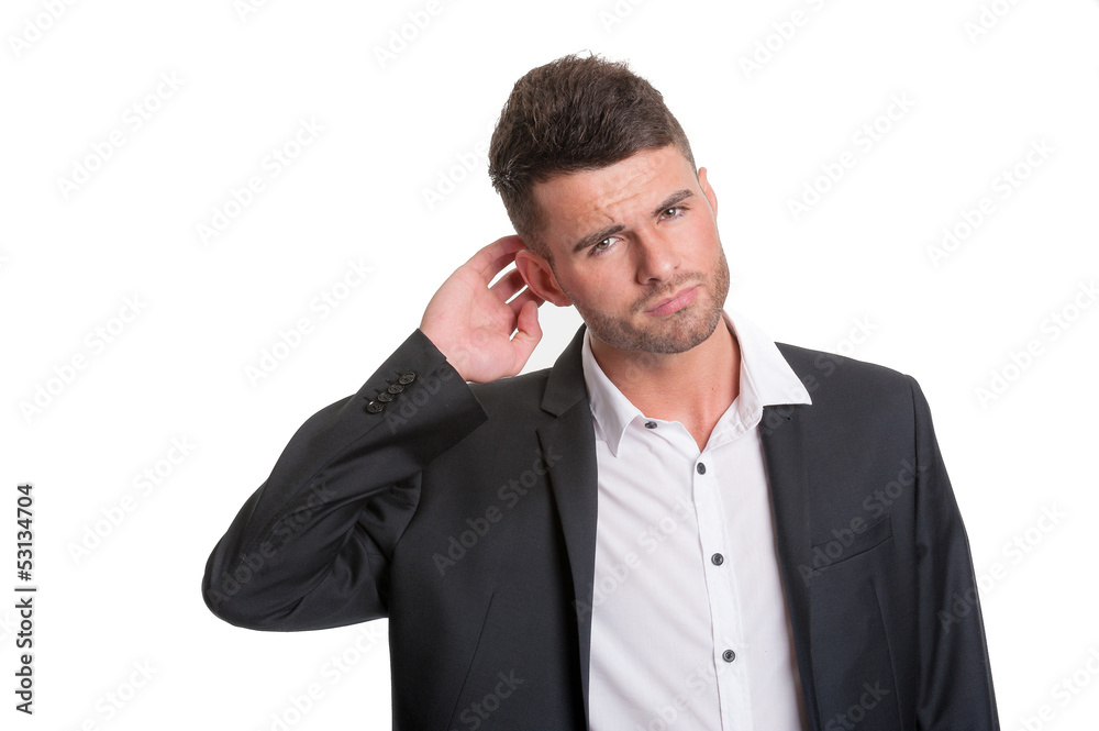 Puzzled modern business man - isolated on white Puzzled modern business man - isolated on white