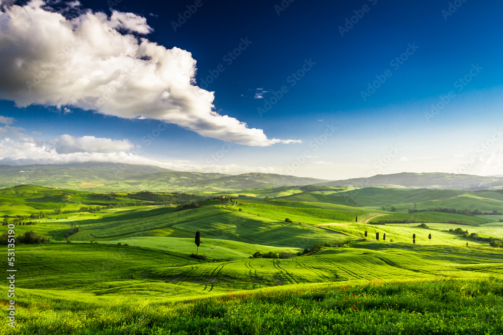 Beautiful view of the green valley at sunset, Tuscany