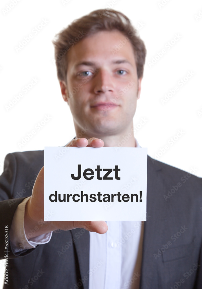 Junger Mann im Anzug mit Karte JETZT DURCHSTARTEN! Junger Mann im Anzug mit Karte JETZT DURCHSTARTEN!