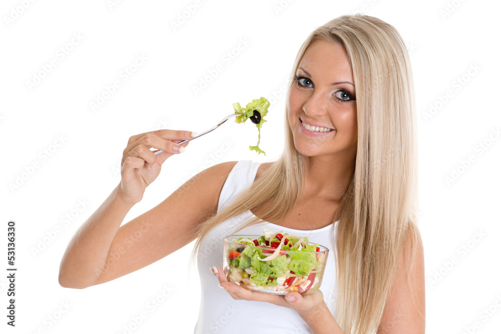 Slender woman holds a bowl of salad. Slender woman holds a bowl of salad.