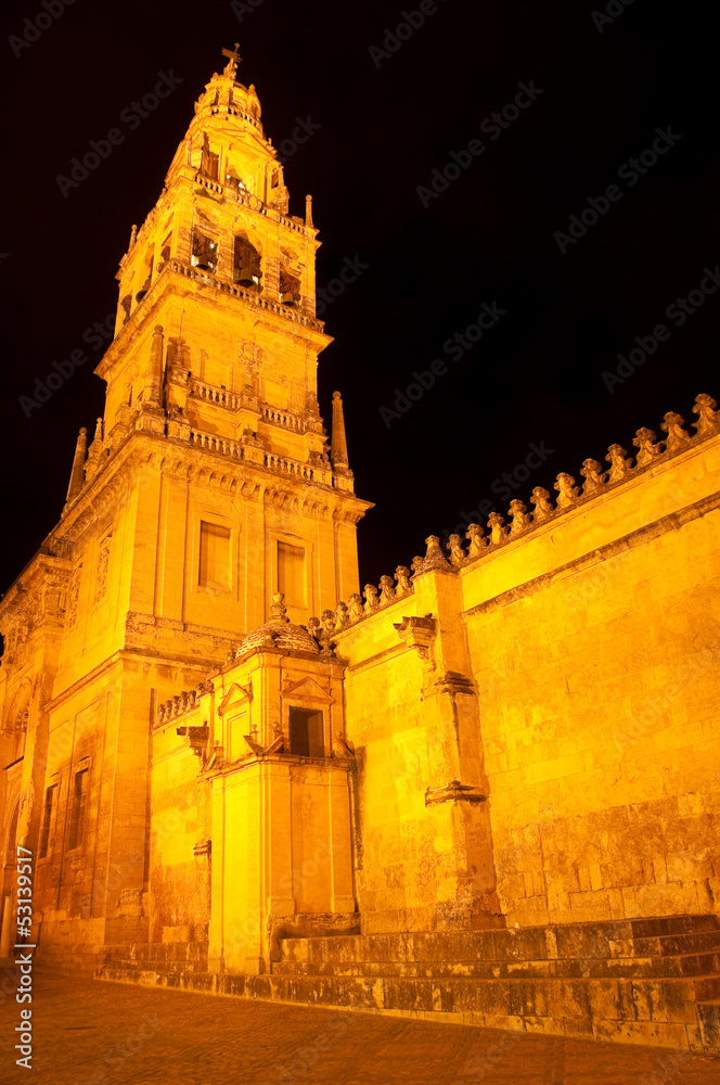 Tower of Alminar at night, Mezquita-Catedral of Cordoba (Spain)