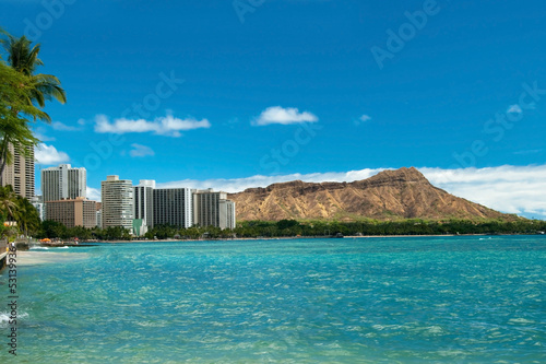 Waikiki beach with azure water in Hawaii with Diamond Head in ba