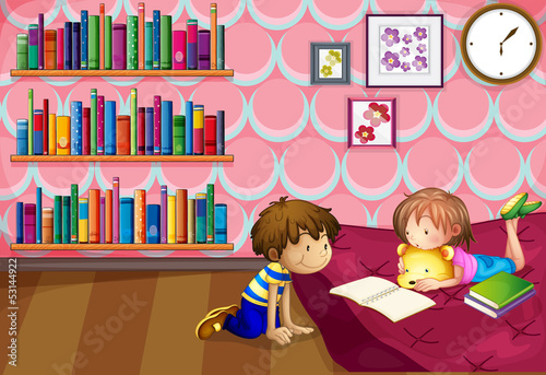 A girl and a boy reading inside a room