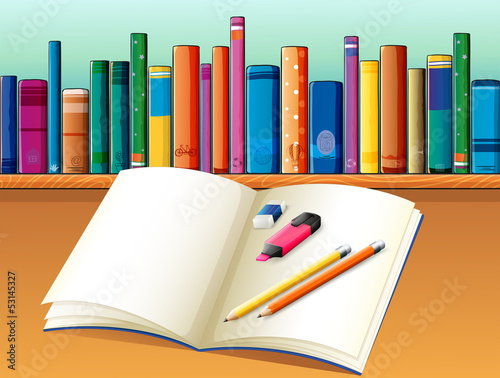 An empty open book in front of a shelf full of books