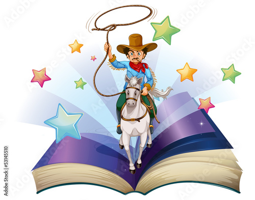 An open book with an image of a cowboy riding on a horse