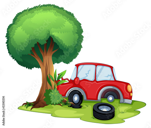 A red car bumping on a tree