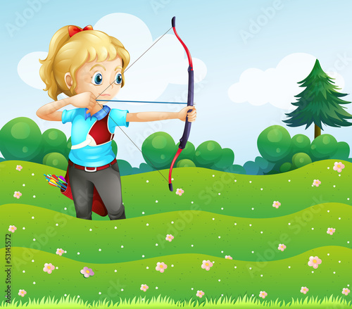 A girl at the garden holding a bow and an arrow