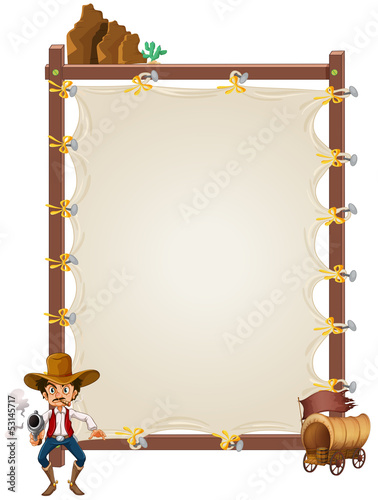 An empty framed banner with a cowboy and a wagon