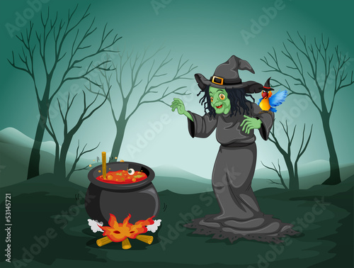 A scary witch at the forest with a pot and a bird