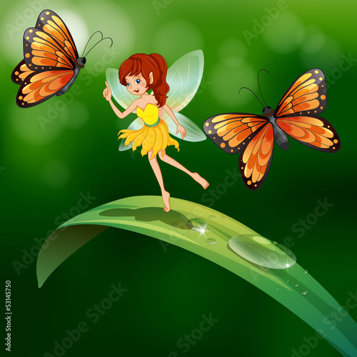 A fairy standing in a leaf with butterflies