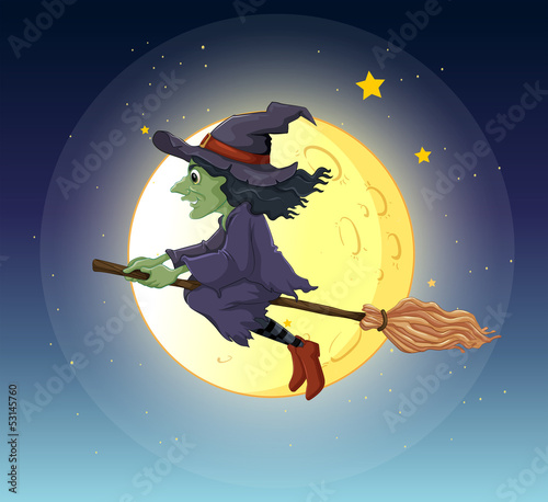 A witch riding with her broomstick