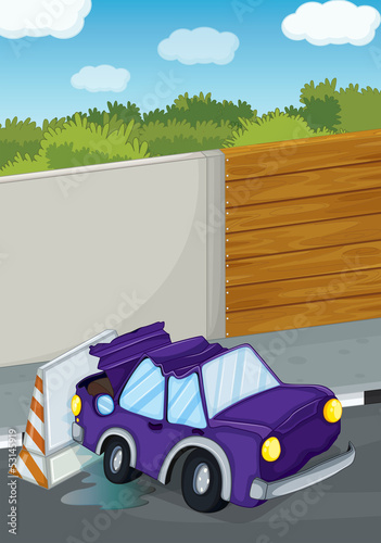 A violet car bumping the wall