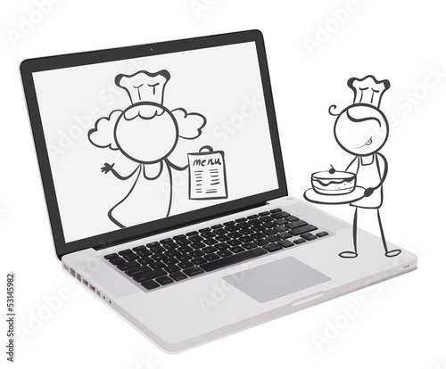 A laptop with an image of chefs