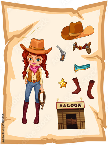 A piece of paper with an image of a cowgirl and a saloon bar