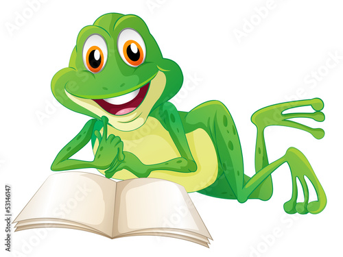 A frog lying while reading a book
