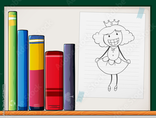 A shelf with books and a paper with a queen