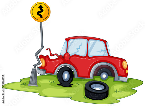 A red car bumping the signage at the road