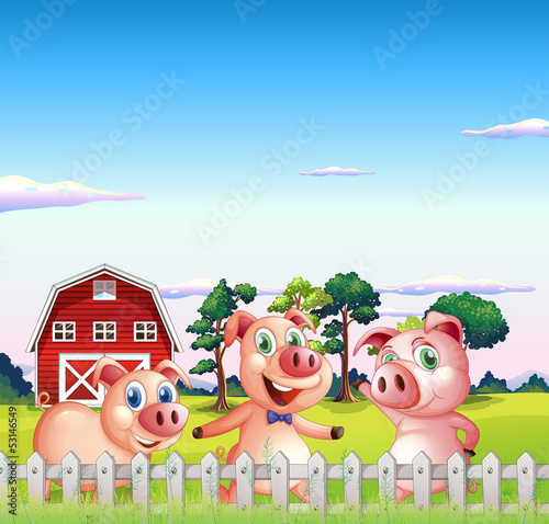 Fototapeta Naklejka Na Ścianę i Meble -  Three pigs dancing inside the fence