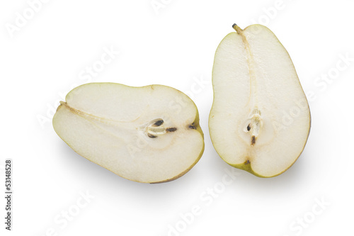 half pear, two pieces of cut pear isolated on white background