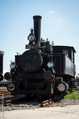 Front view of vintage steam locomotive