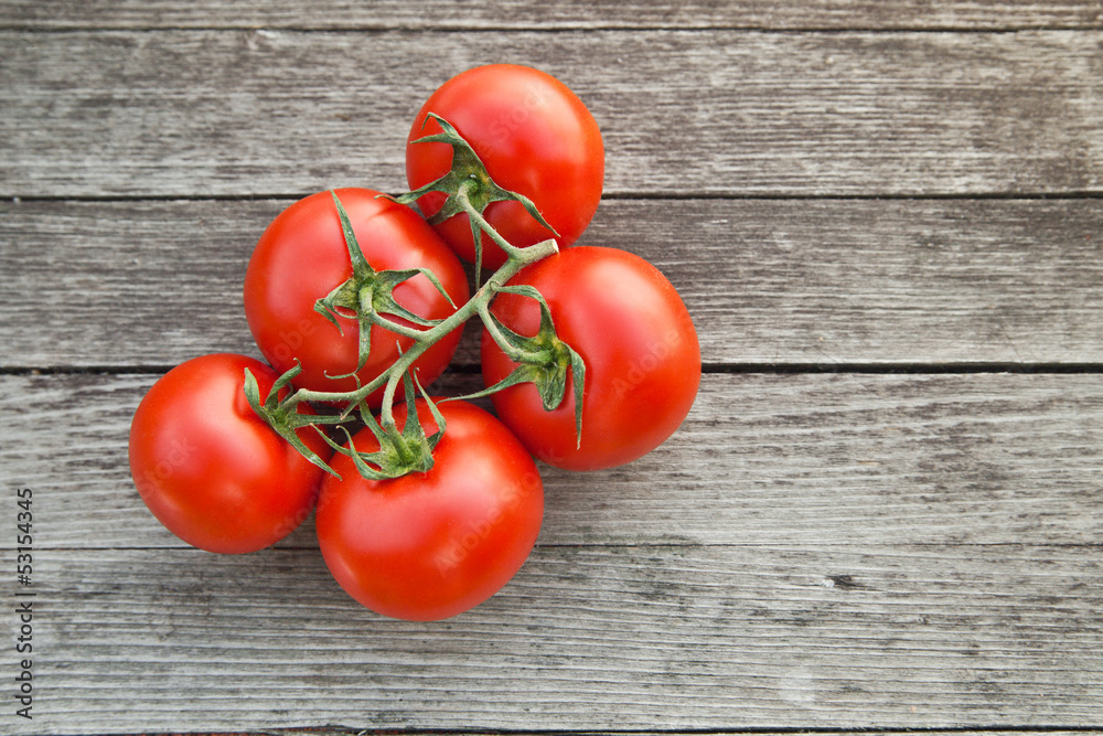 Dewy red tomatoes on the rustic wooden board Dewy red tomatoes on the rustic wooden board