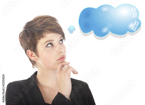 Young woman thinking with blue cloud
