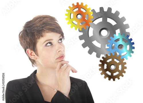 Young woman thinking with gears isolated on white background