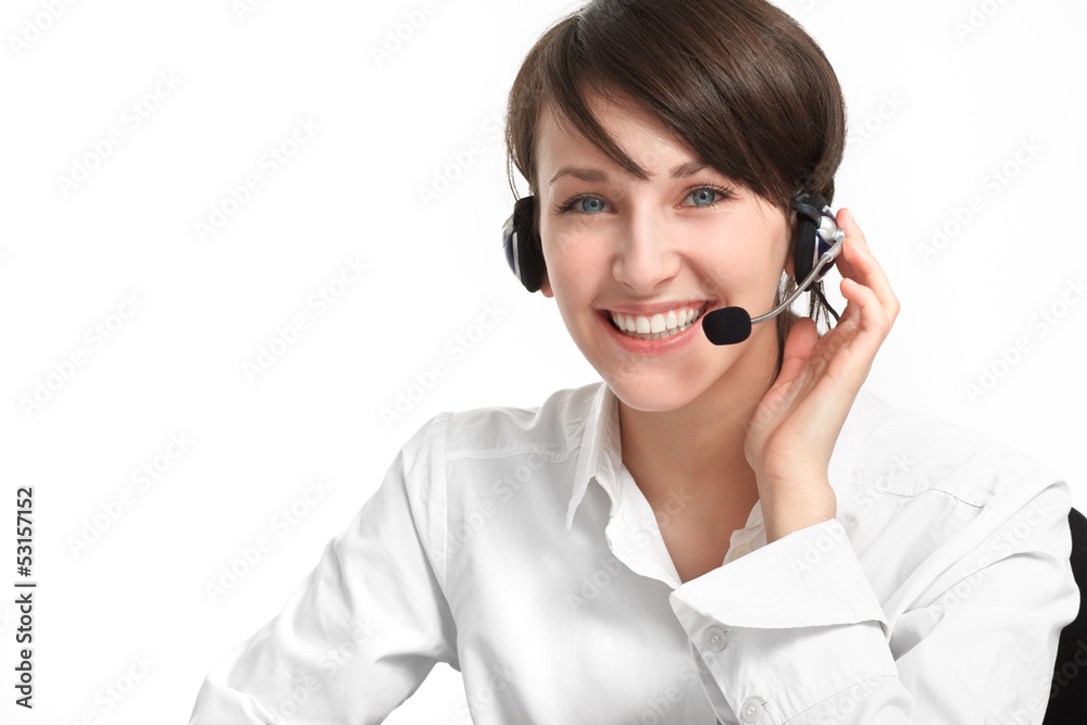 woman operator with headset - microphone and headphones woman operator with headset - microphone and headphones