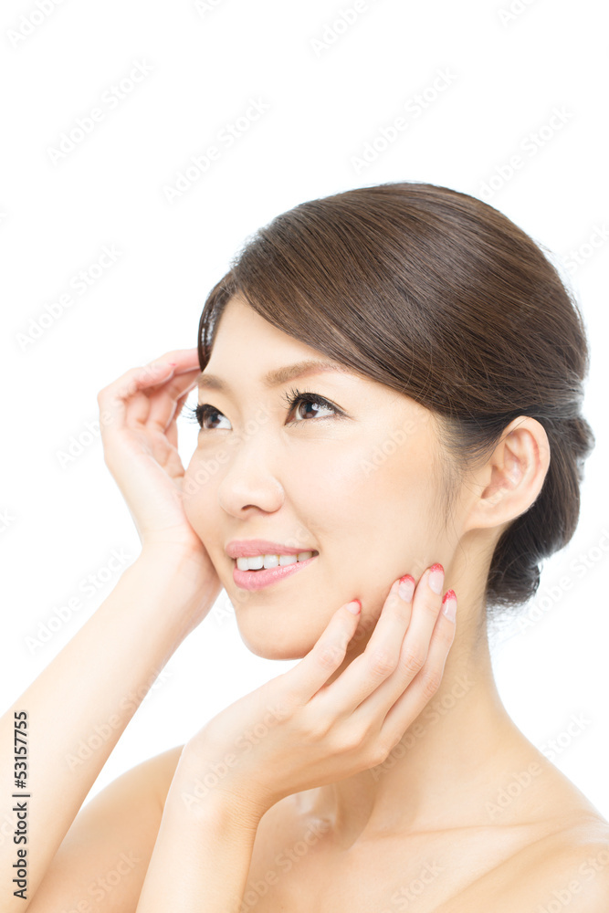 Beautiful young woman on white background