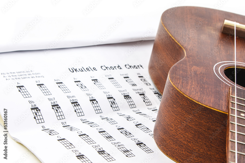 Fototapeta premium Ukulele and ukulele chord chart document on white background