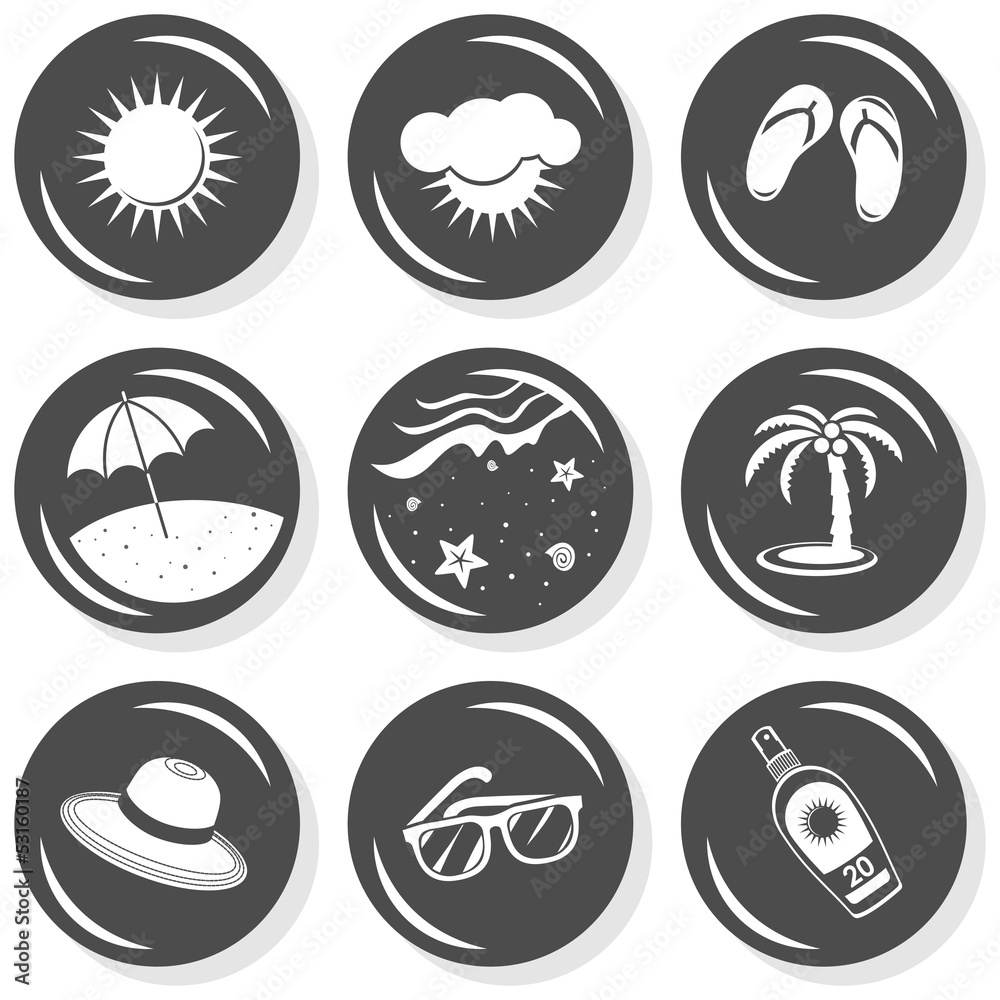 słońce pogoda plaża szare okrągłe ikony zestaw na białym tle - obrazy, fototapety, plakaty 