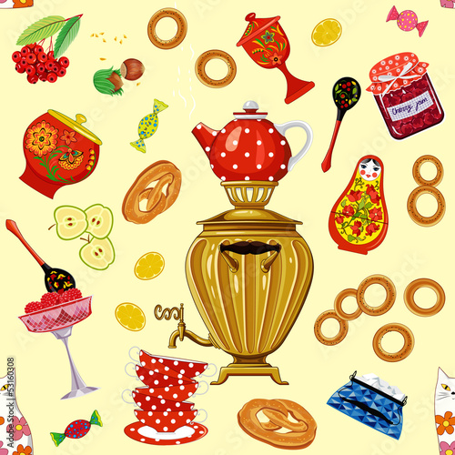 Seamless pattern with tea set in the russian style