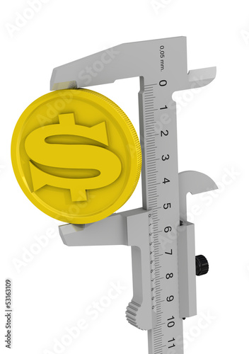Штангенциркуль измеряет монету с символом американского доллара