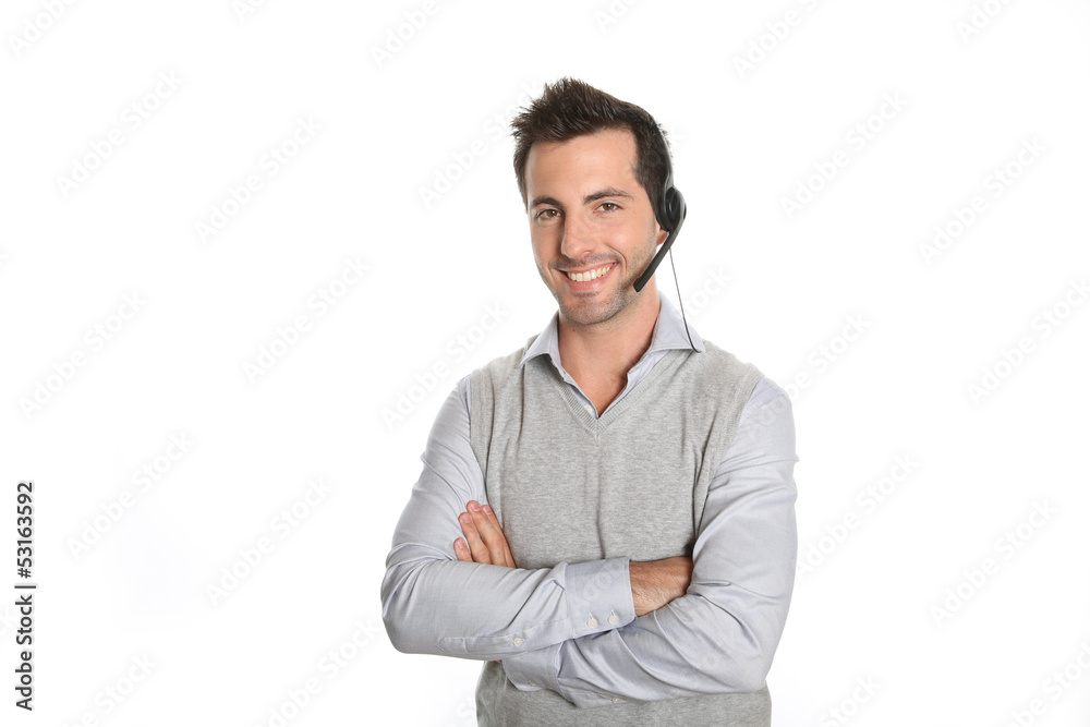 Customer service representative talking on phone Customer service representative talking on phone