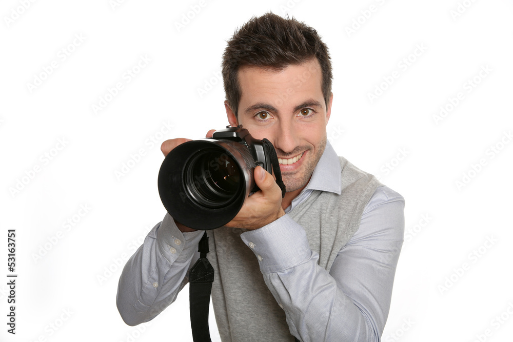 Portrait of photographer holding digital camera Portrait of photographer holding digital camera